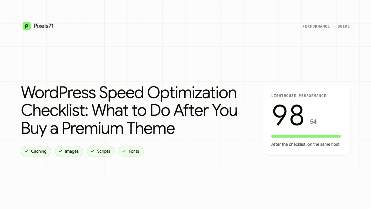 A Lighthouse performance card showing a score of 98, up from 54, beside checked tags for caching, images, scripts, and fonts.