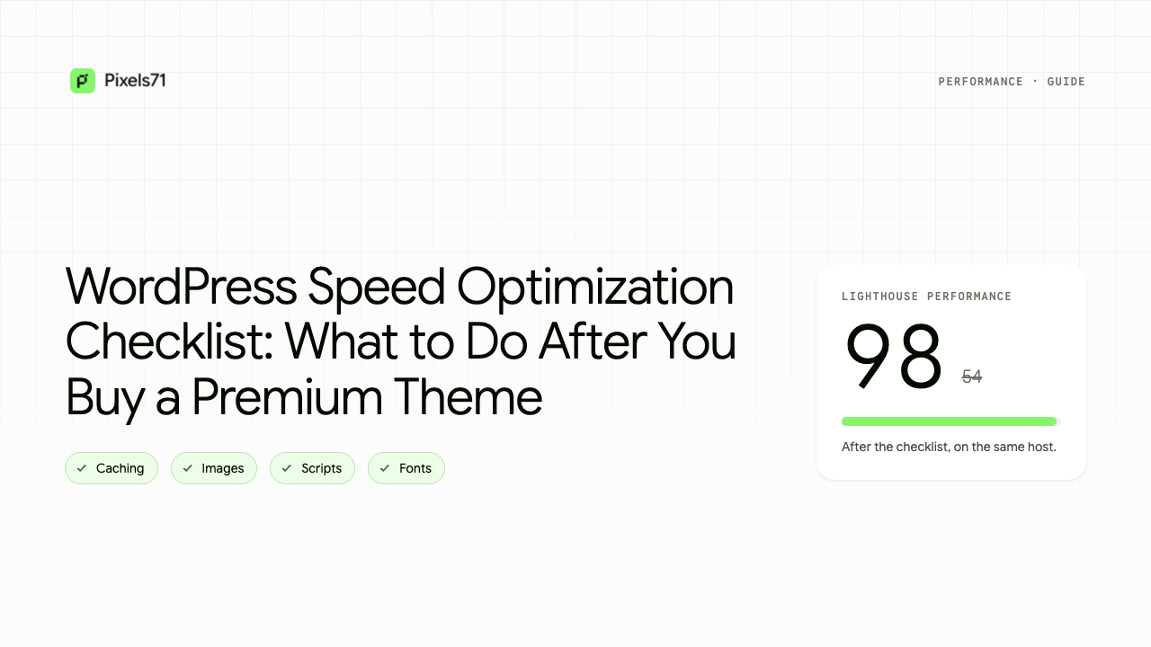 A Lighthouse performance card showing a score of 98, up from 54, beside checked tags for caching, images, scripts, and fonts.
